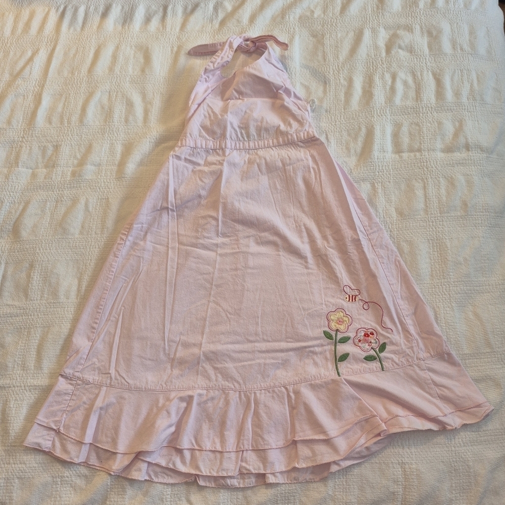 Laura Ashley girls size 6X pink halter dress with flower & bee embroidery VGUC
